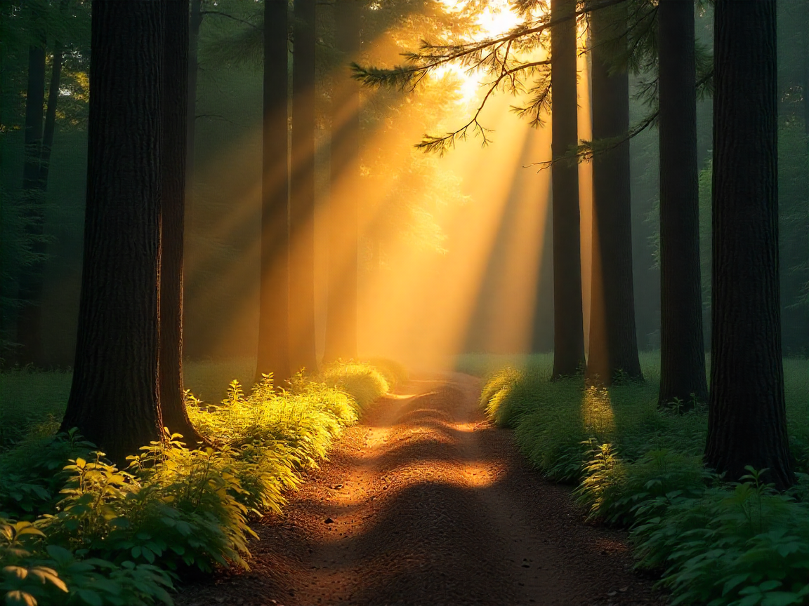 Forest path with golden rays