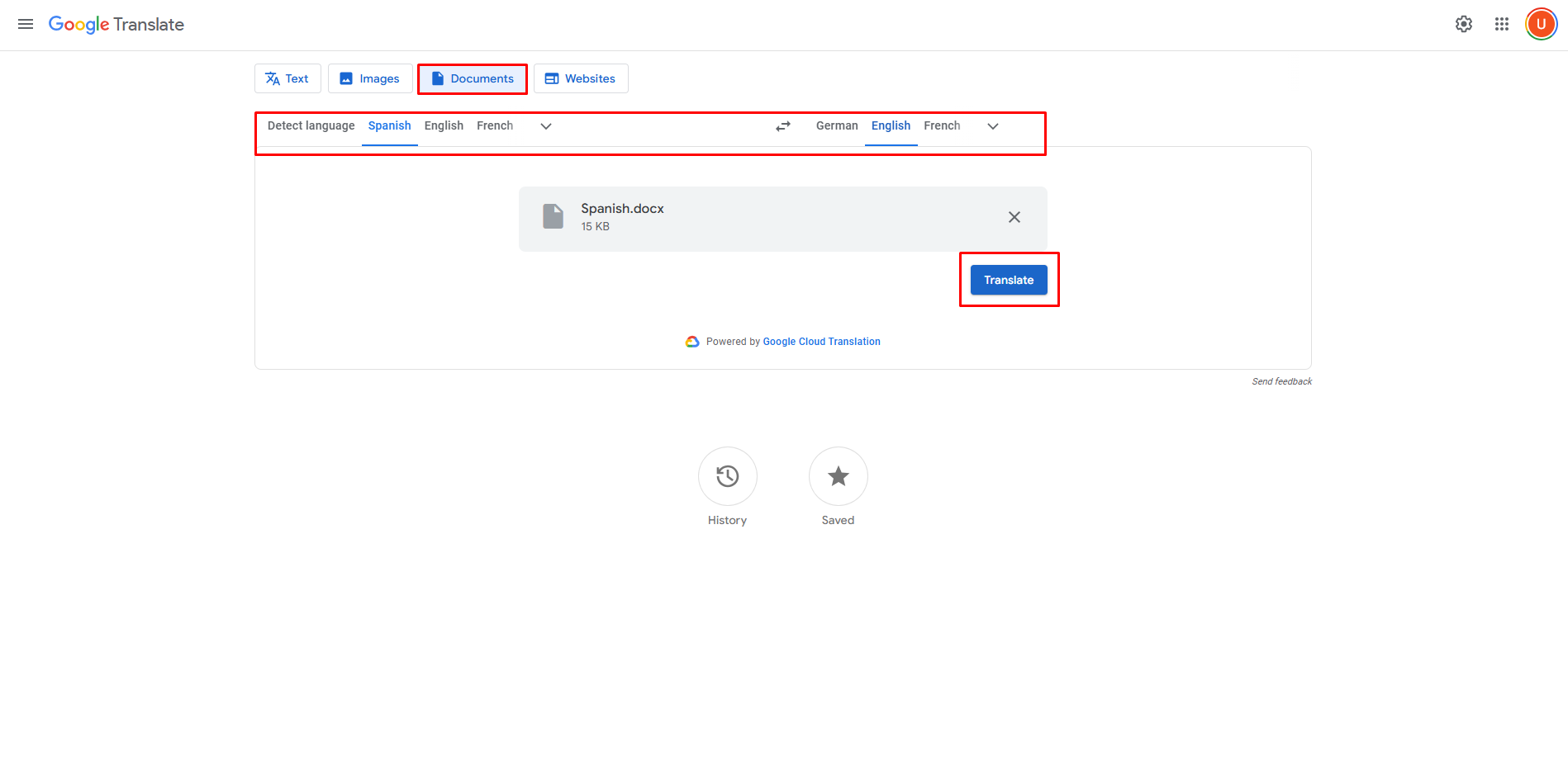 Convertendo documentos em espanhol para inglês com o Google Tradutor