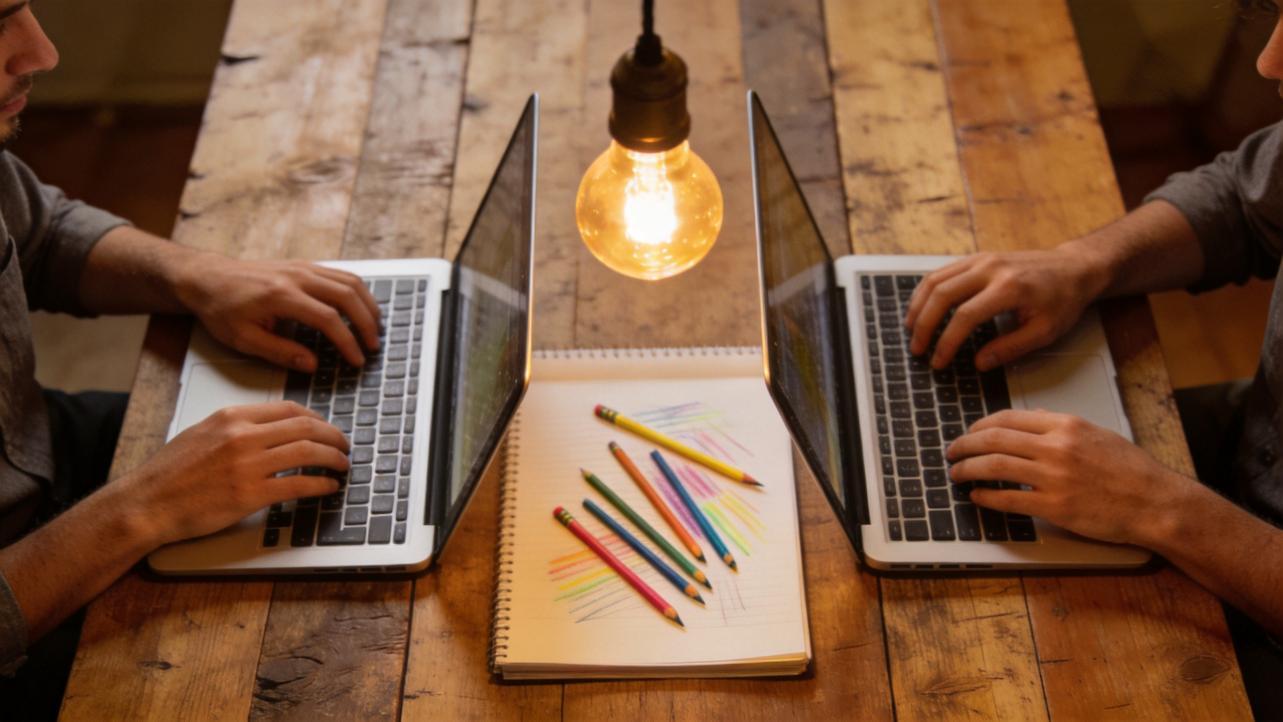 Two people typing on laptops across a table with colorful pencils and a notebook between them