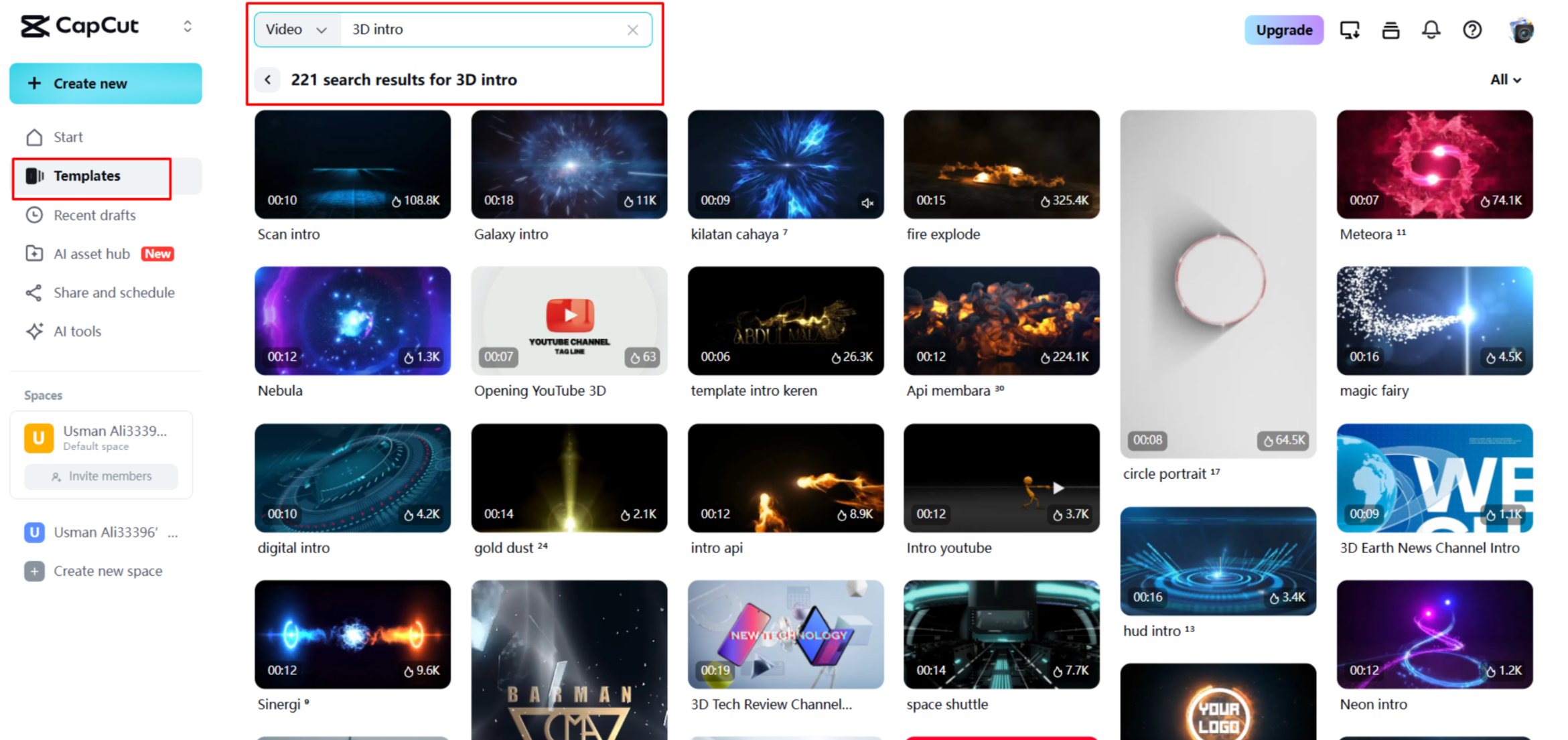 การเลือกเทมเพลตอินโทร 3D ใน CapCut Web