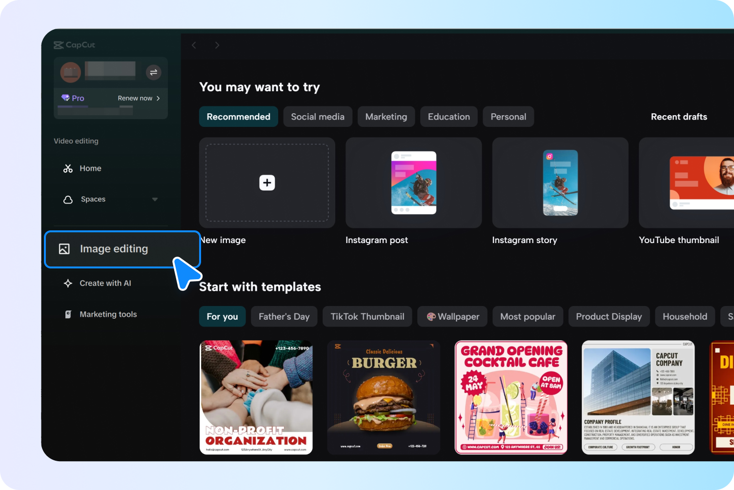 Accessing the image editing tool in CapCut