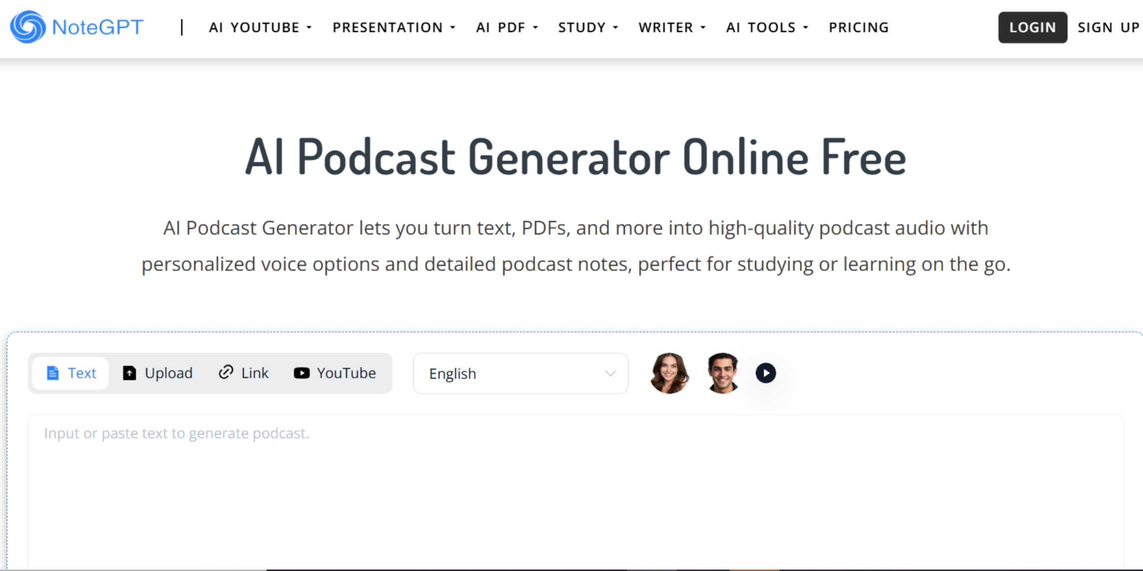 Interface of NoteGPT - Free AI podcast voice generator