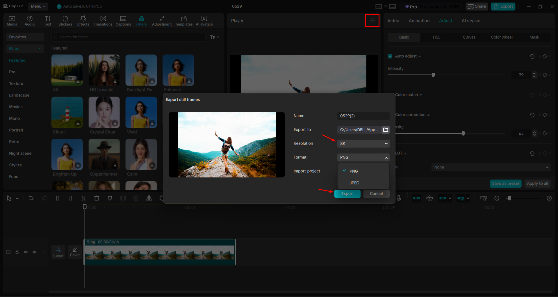 Pag-export ng larawan mula sa CapCut desktop video editor