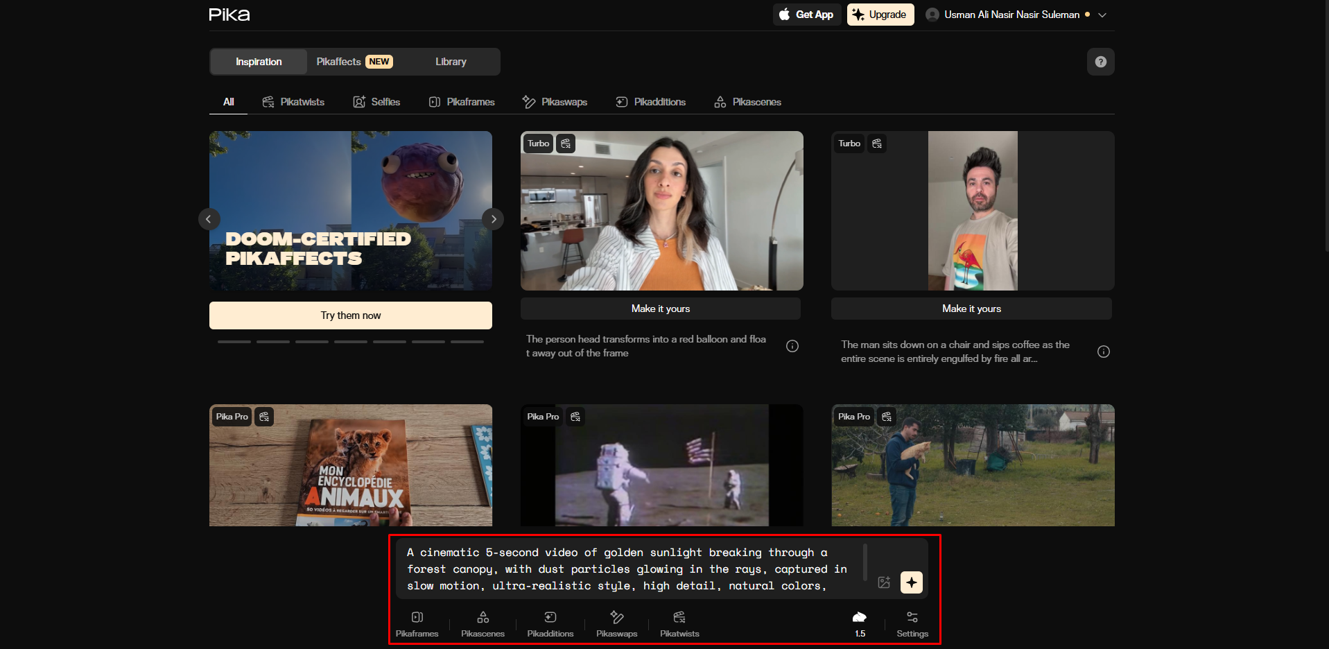 Writing a creative prompt in the Pika AI video generator