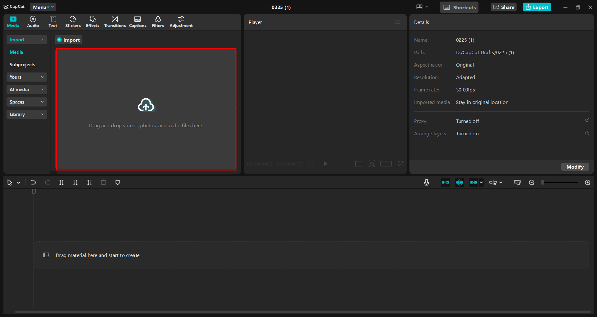 Importazione di un video nell' CapCut editor video desktop