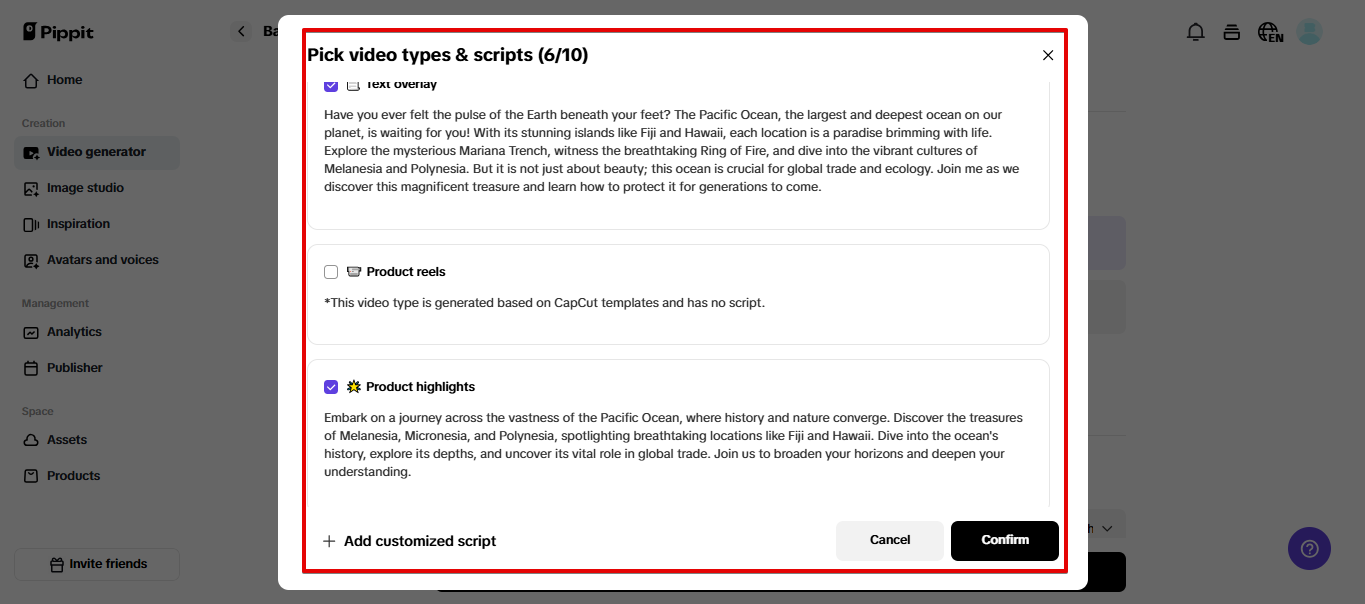Automatyczne generowanie scenariusza w Pippit