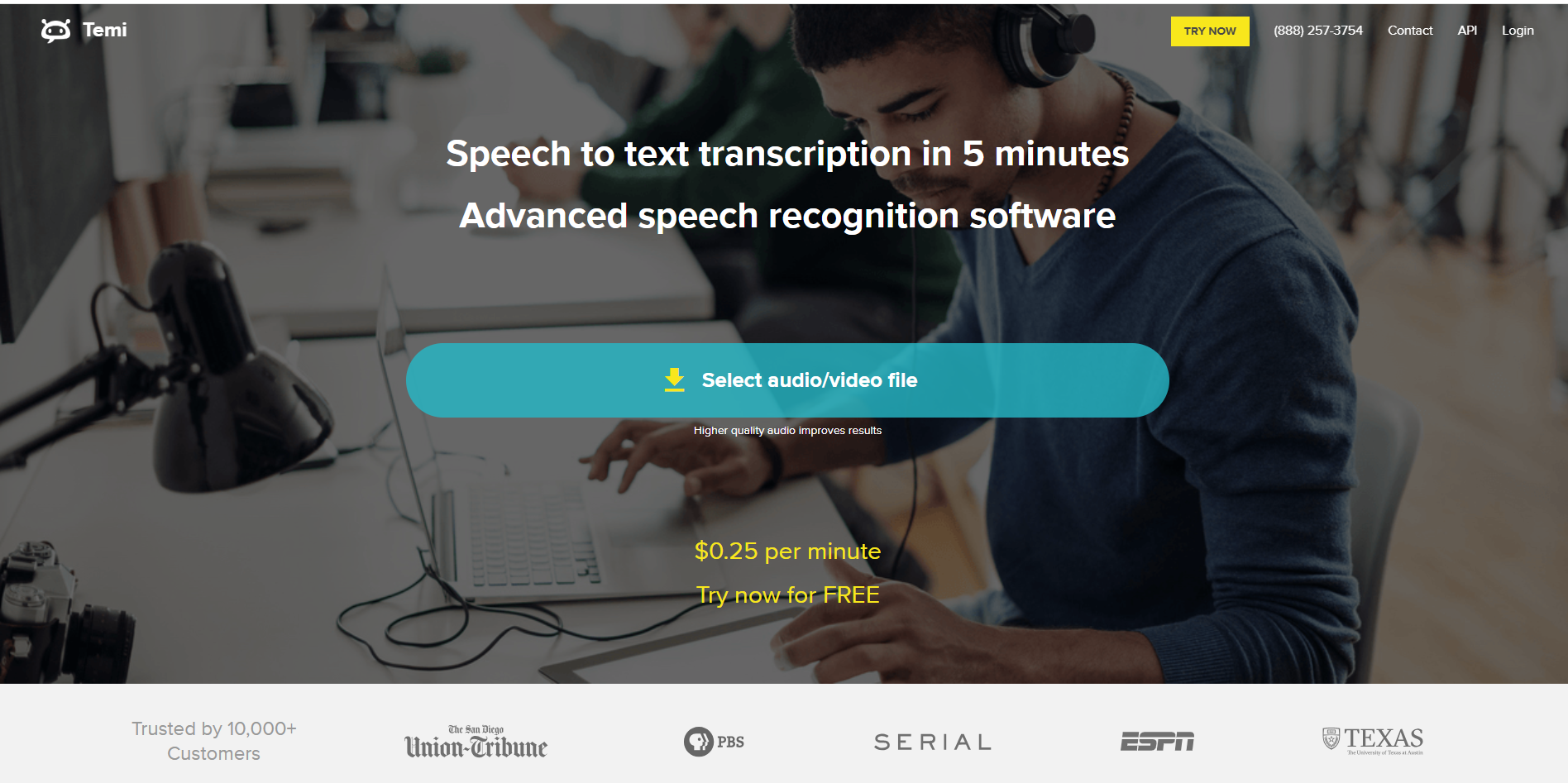 Interface do Temi - um valioso conversor online de áudio para texto