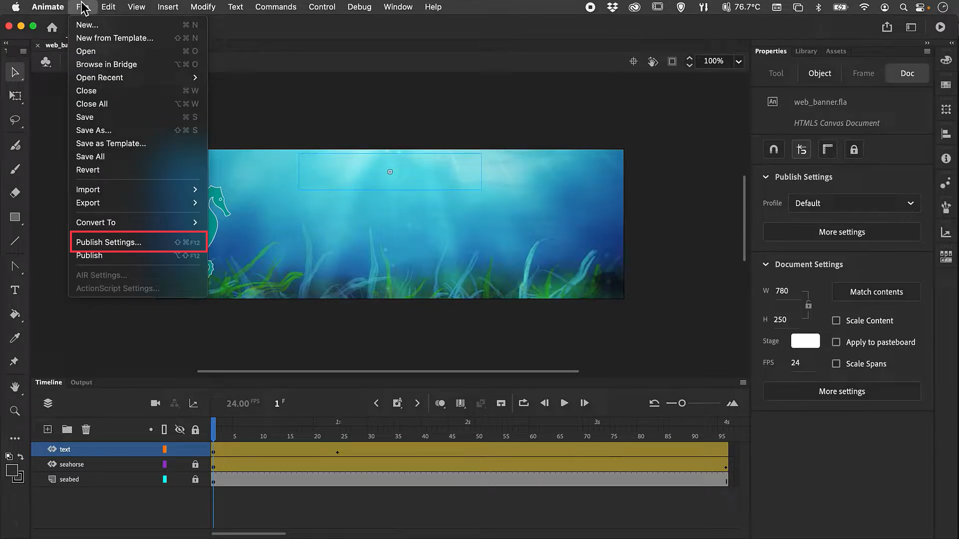 Trovare le impostazioni di pubblicazione in Adobe Animate CC