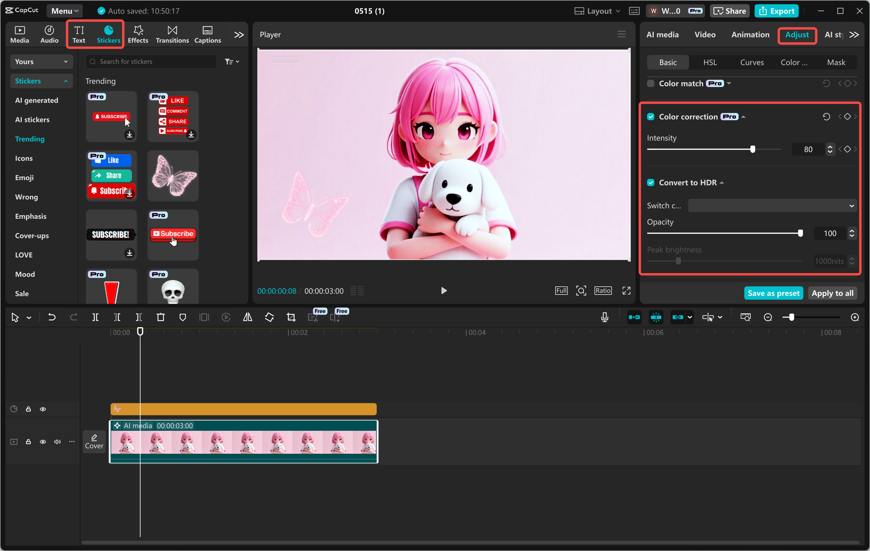 Creación de un personaje 3D con mensajes de texto en el CapCut editor de vídeo de escritorio