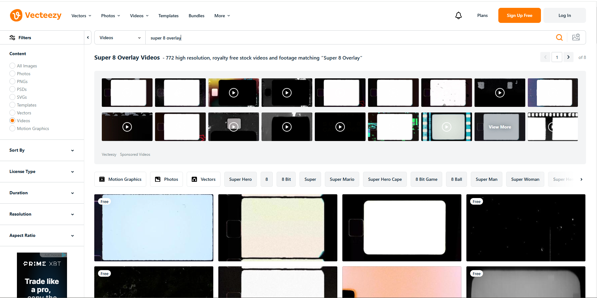 Interface of Vecteezy - the perfect resource for Super 8 overlays
