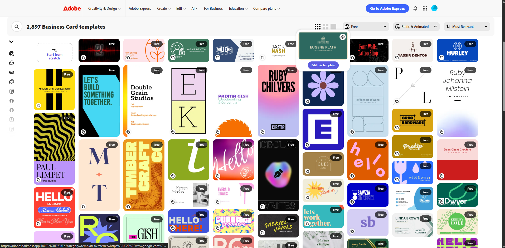 Interface of Adobe - a good resource for Photoshop business card templates