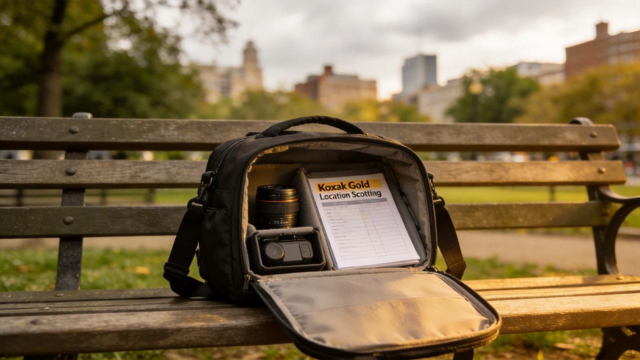 Camera bag on a park bench with a lens, action camera, and location scouting clipboard