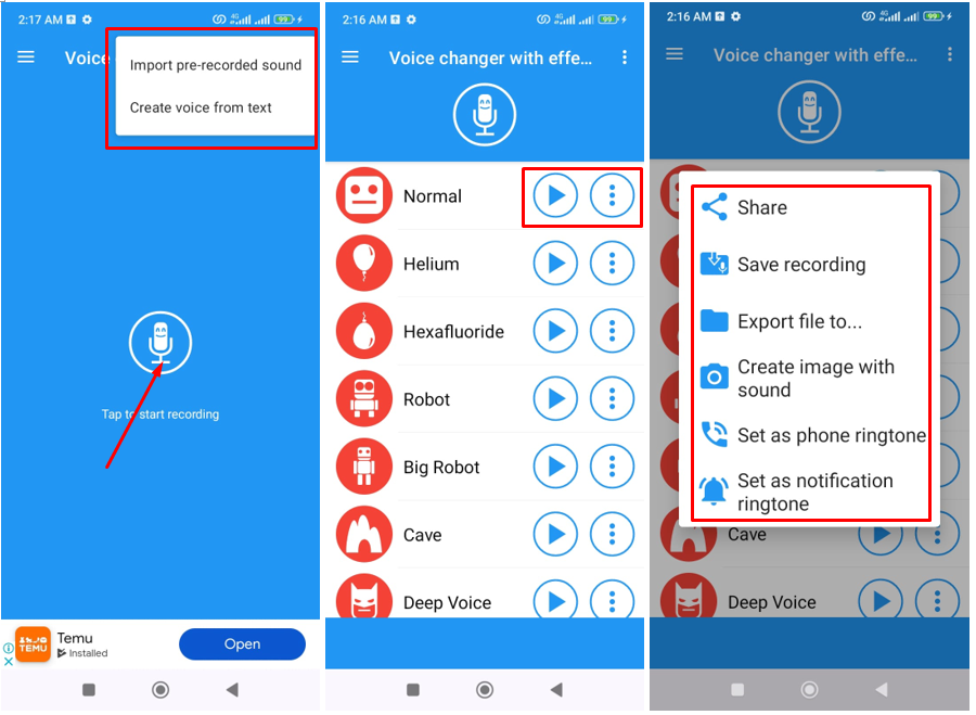Image showing how to use Voice Changer with Effects