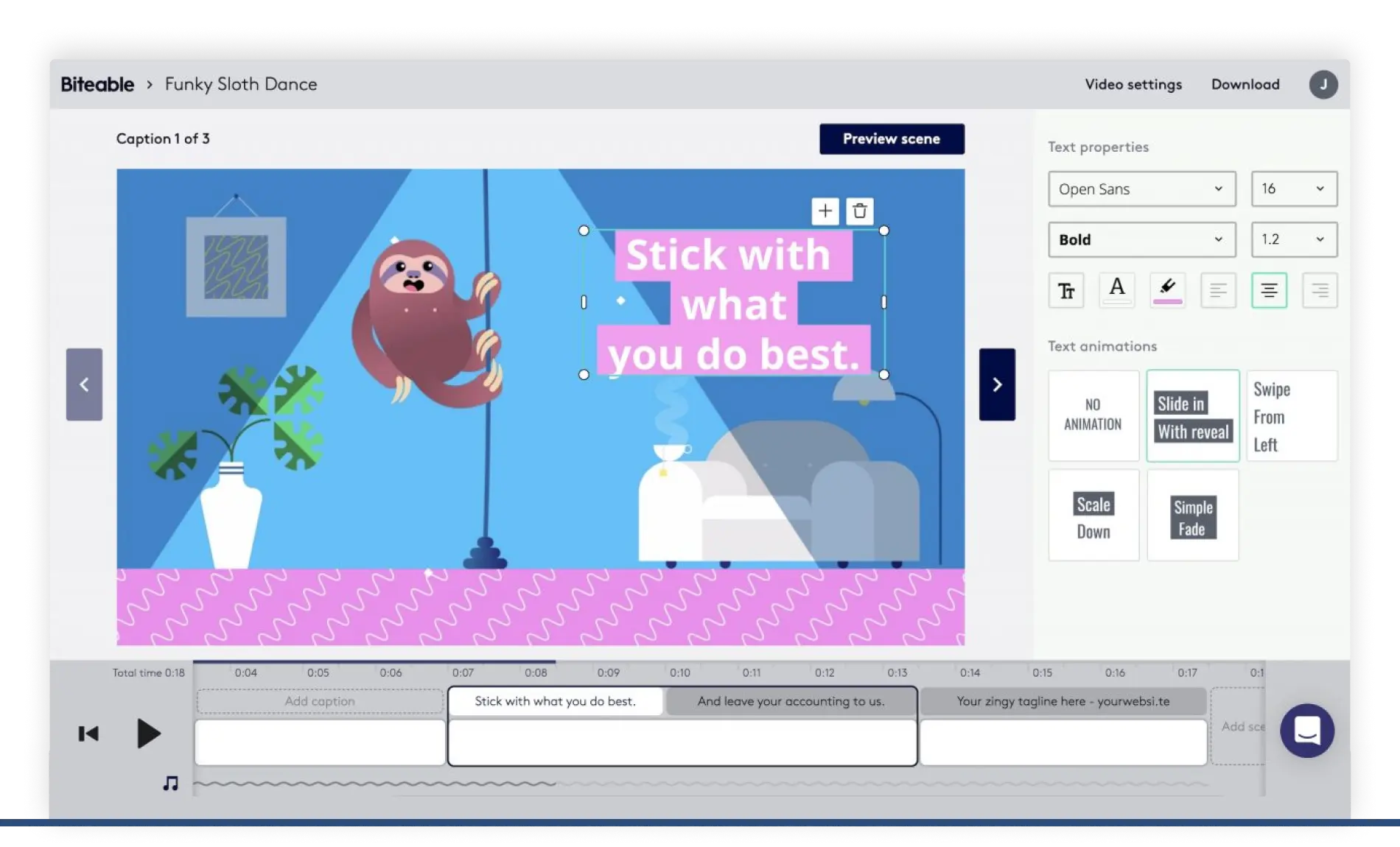 Interfaccia di Biteable - un altro software di animazione di cartoni animati online