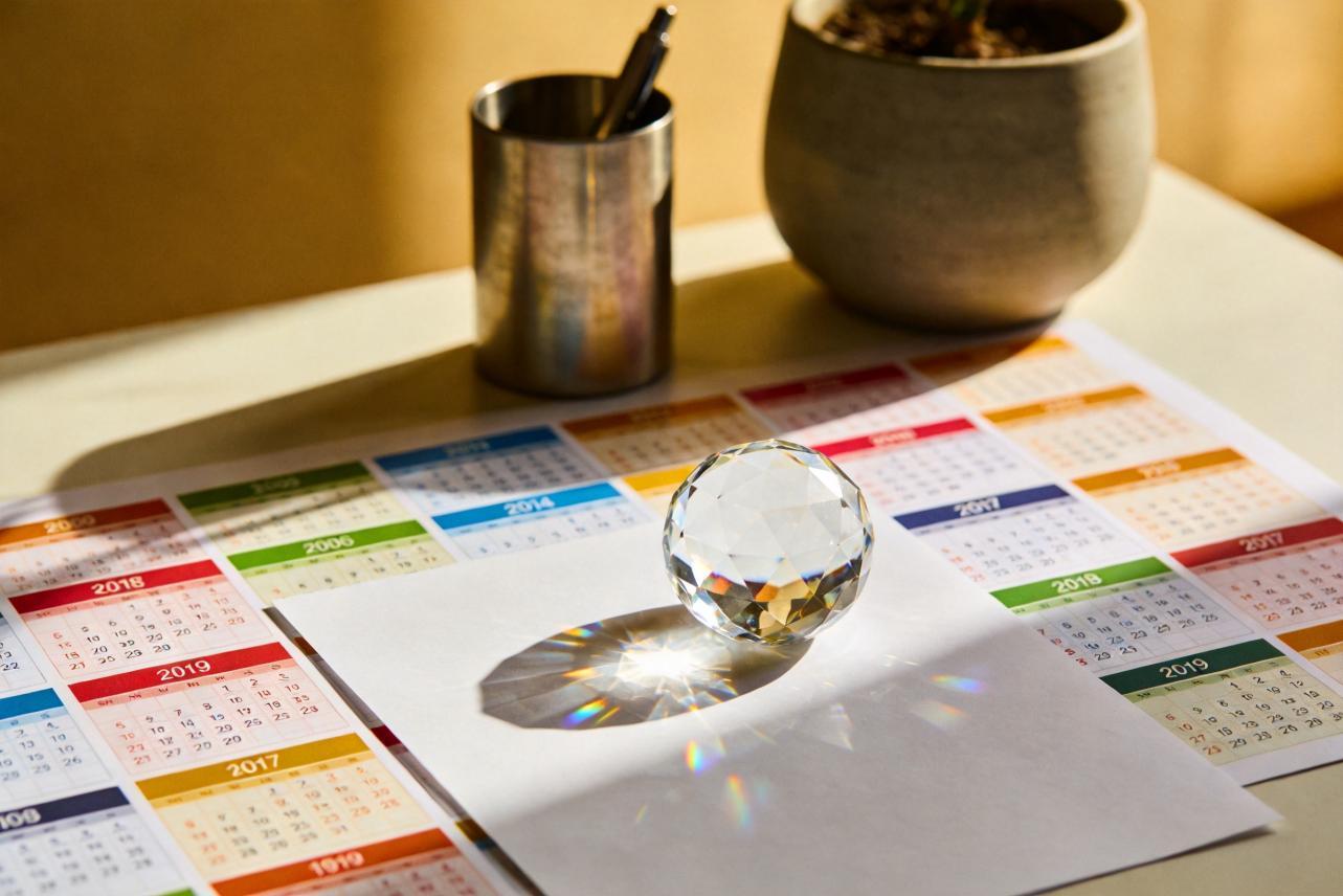 Crystal prism on blank paper over a colorful calendar spread