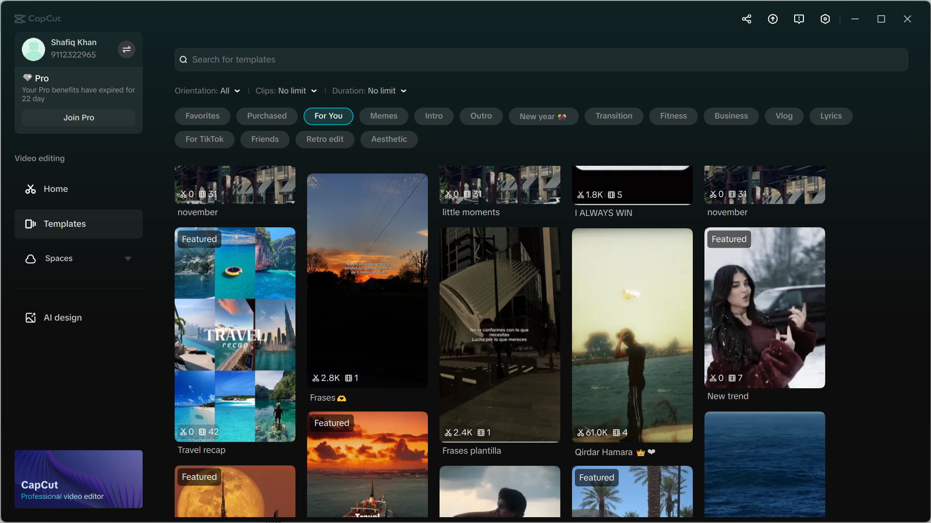 Popular video templates in CapCut