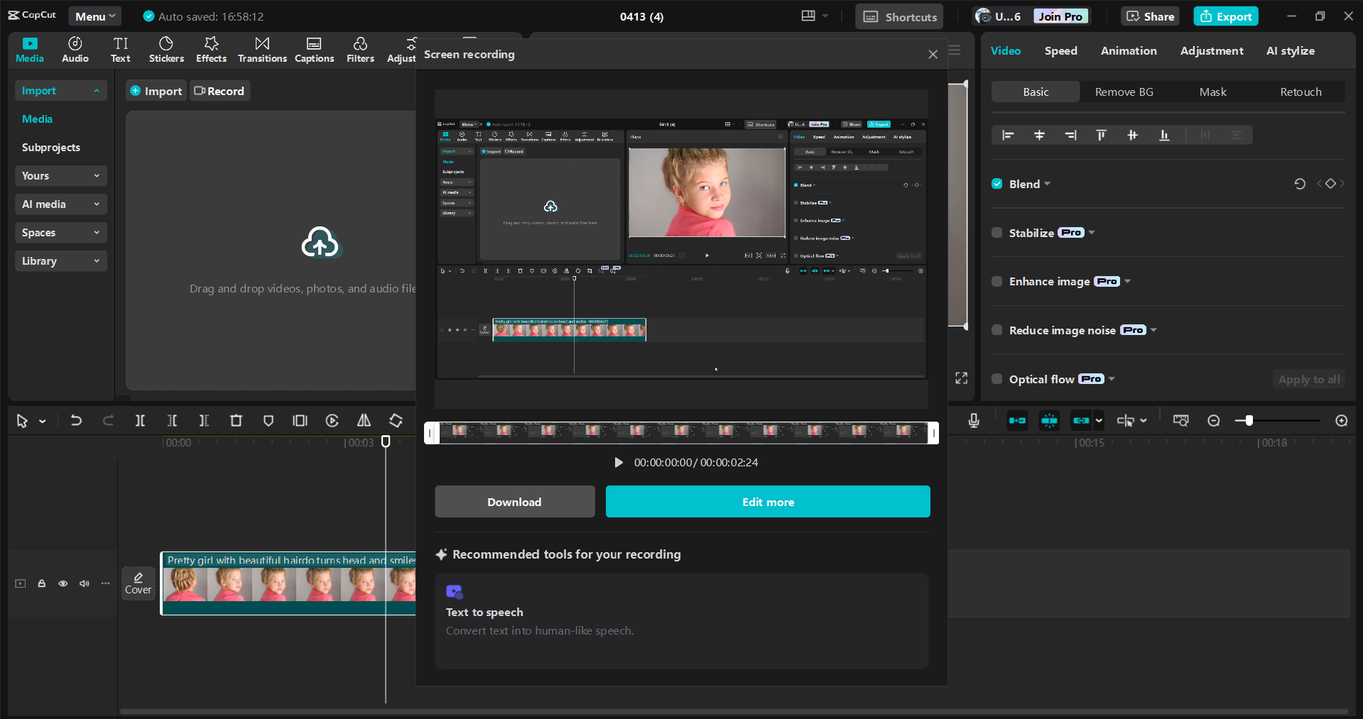 Interface of the CapCut desktop video editor - the perfect way to record screen and edit videos