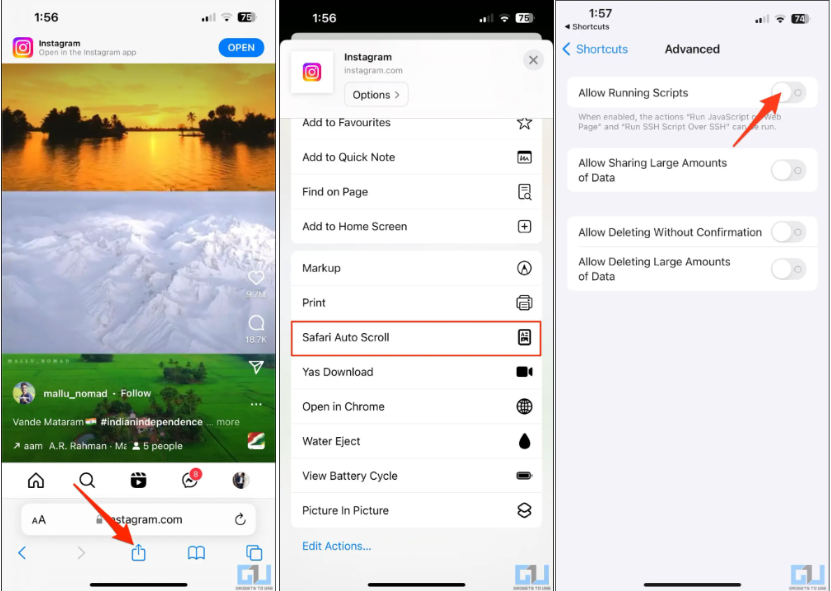 Zeigt, wie man Instagram Reels in Safari automatisch scrollen lässt