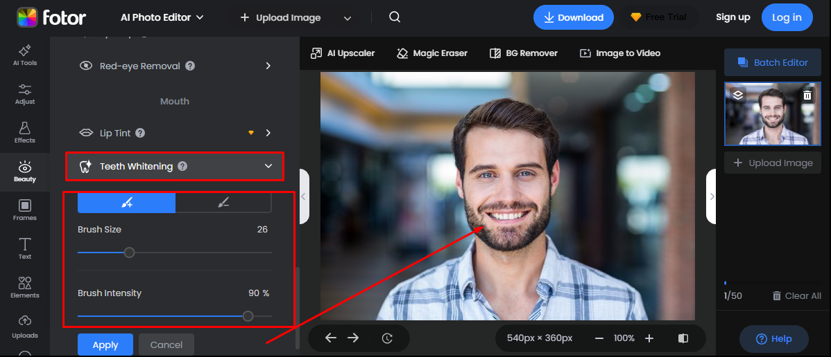 Adjusting brush size and intensity in Fotor