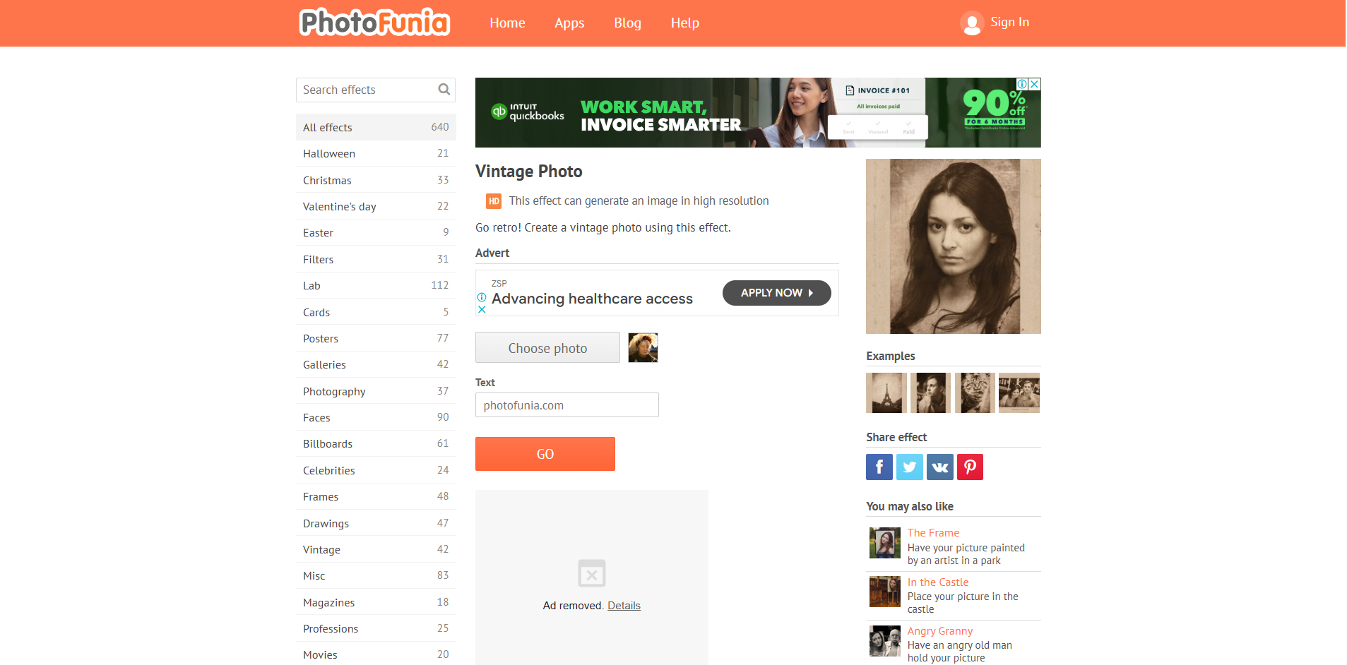 Interface of PhotoFunia - another free online vintage photo editor
