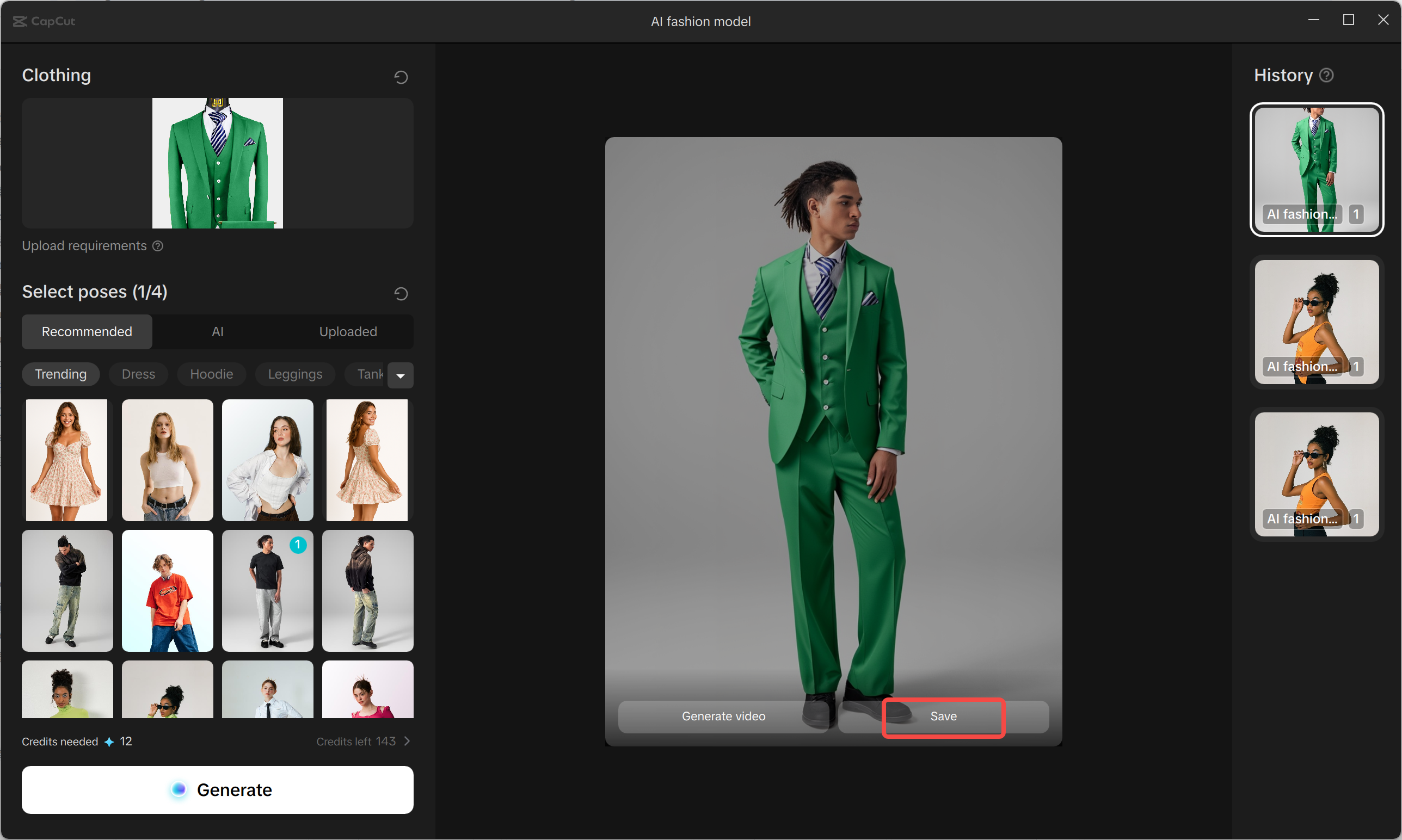 Exporting the AI model image from the CapCut desktop video editor