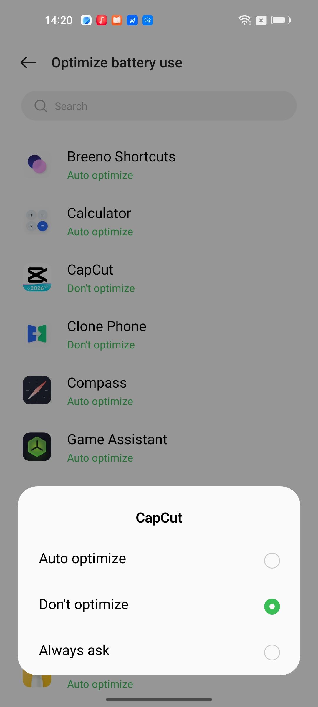 Turn off the battery optimization mode for CapCut
