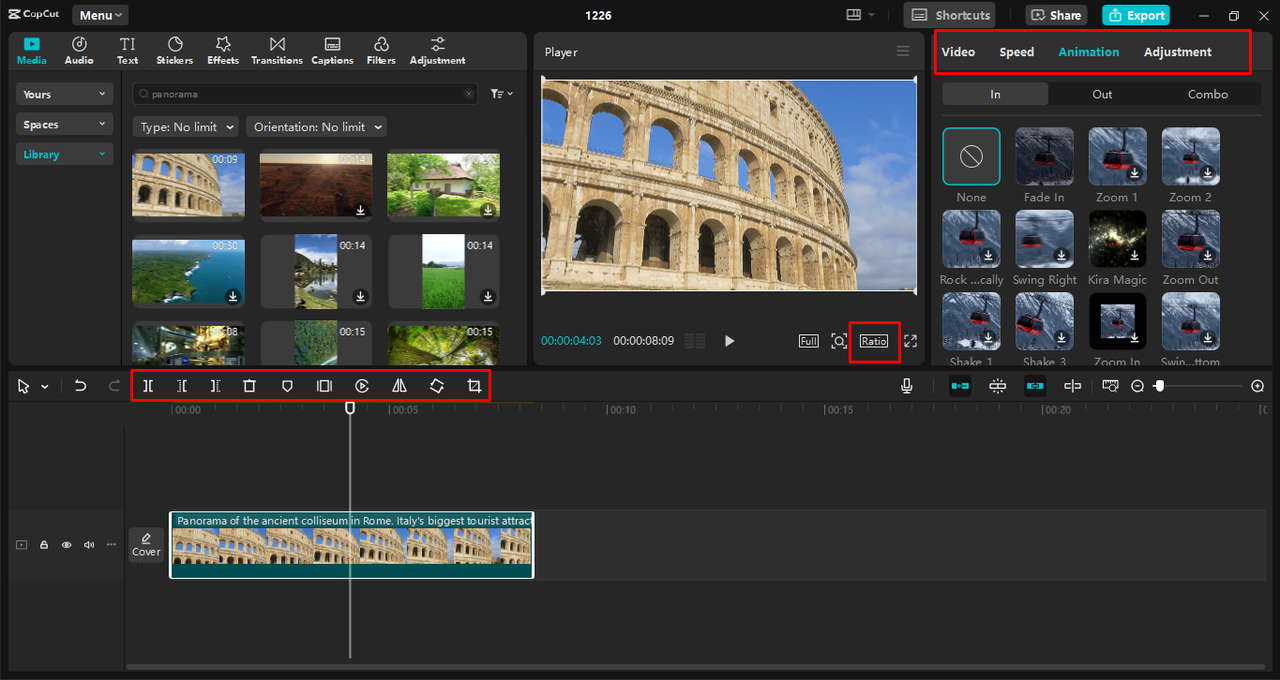 Montage de la vidéo panoramique à l'aide de différents outils de l' CapCut éditeur vidéo de bureau