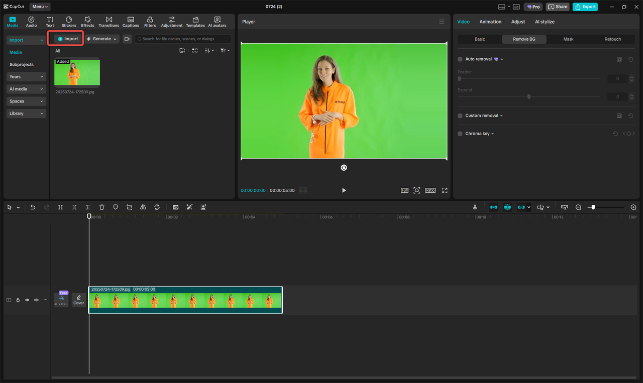 Launch CapCut and upload a solid color background image