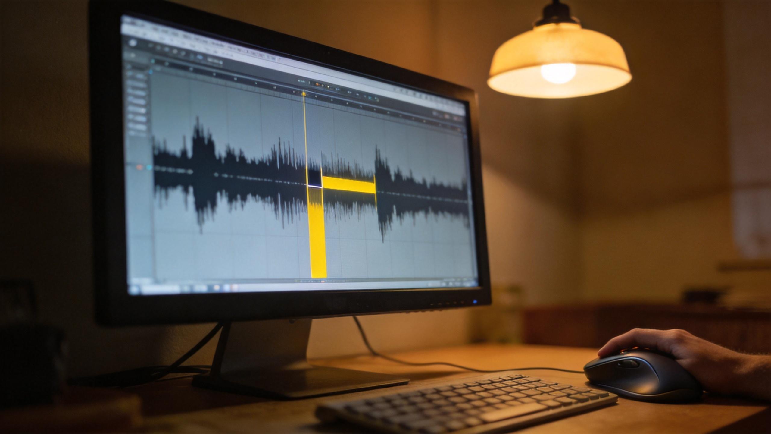 Audio waveform editor on a monitor with a highlighted section being adjusted