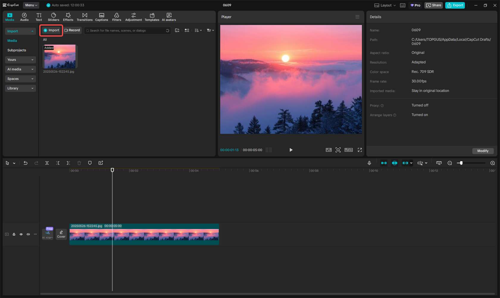 Importing the image into CapCut