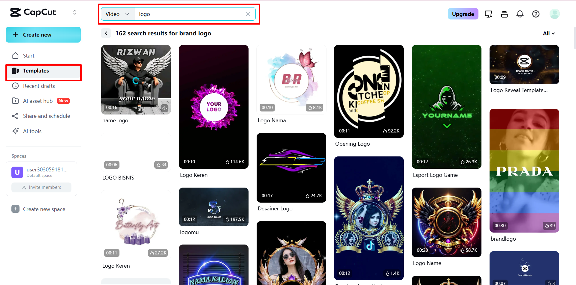Selecting your logo template in CapCUT Web