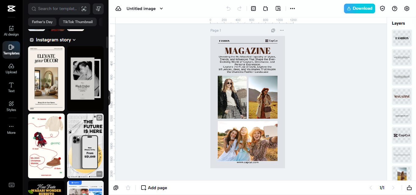 Antarmuka pengeditan CapCut Web - alat terbaik untuk membuat iklan majalah