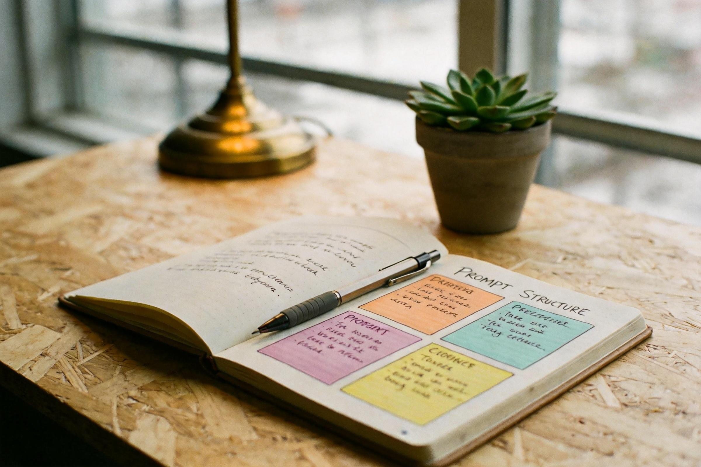 Notebook with prompt structure notes beside a pen and potted plant on a table