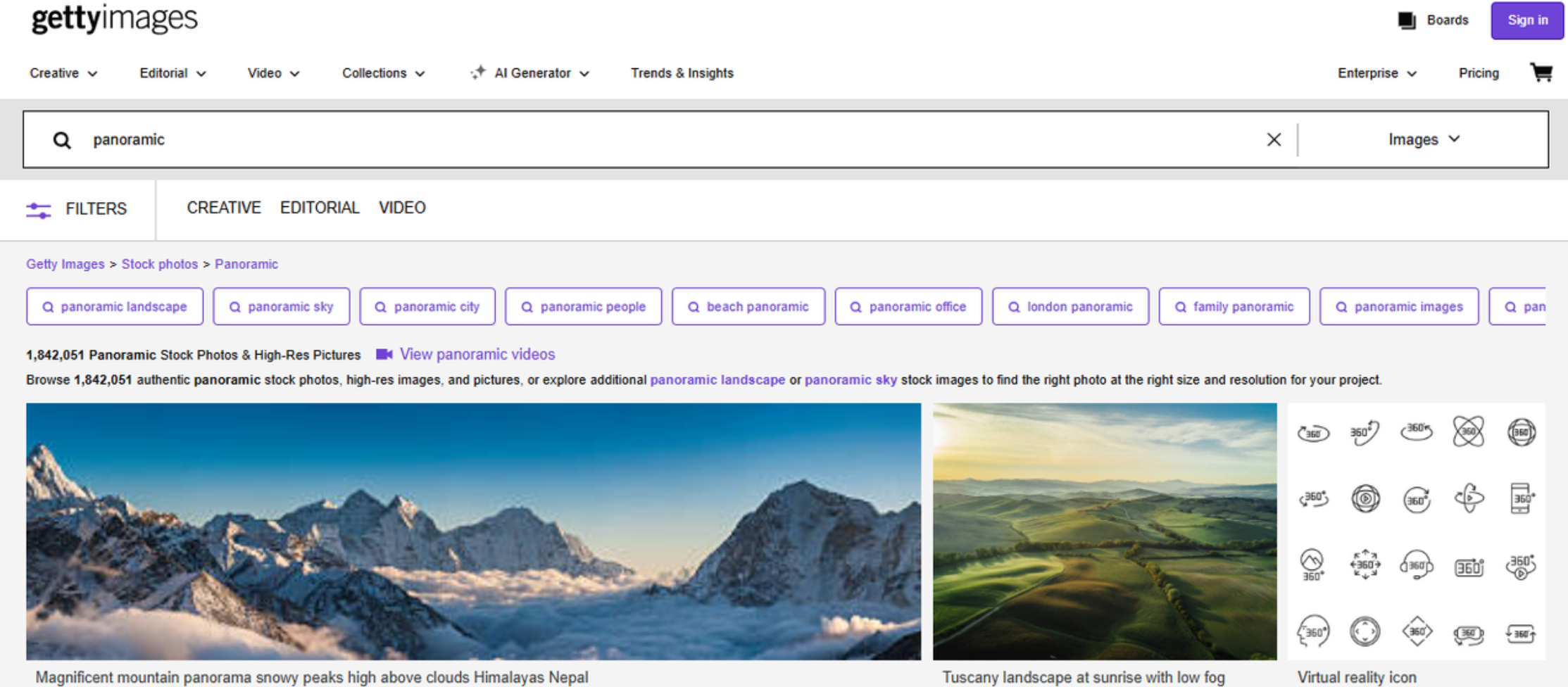 Interface da Getty - uma plataforma renomada para obter o tamanho da imagem panorâmica