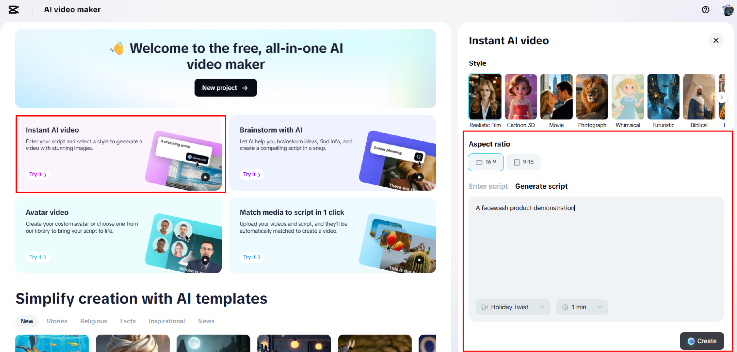 Generating a script for a product video in CapCut Web