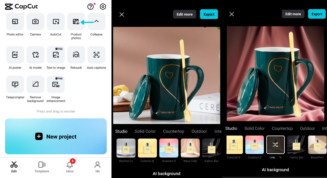 CapCut AI image upscaler interface previewing a 2x enlargement on a product shot