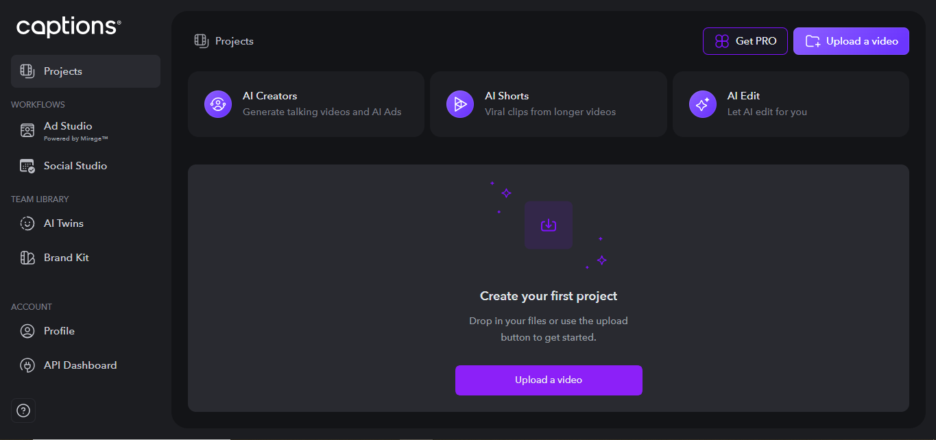 Interface of Captions.ai - Perfect intro maker AI