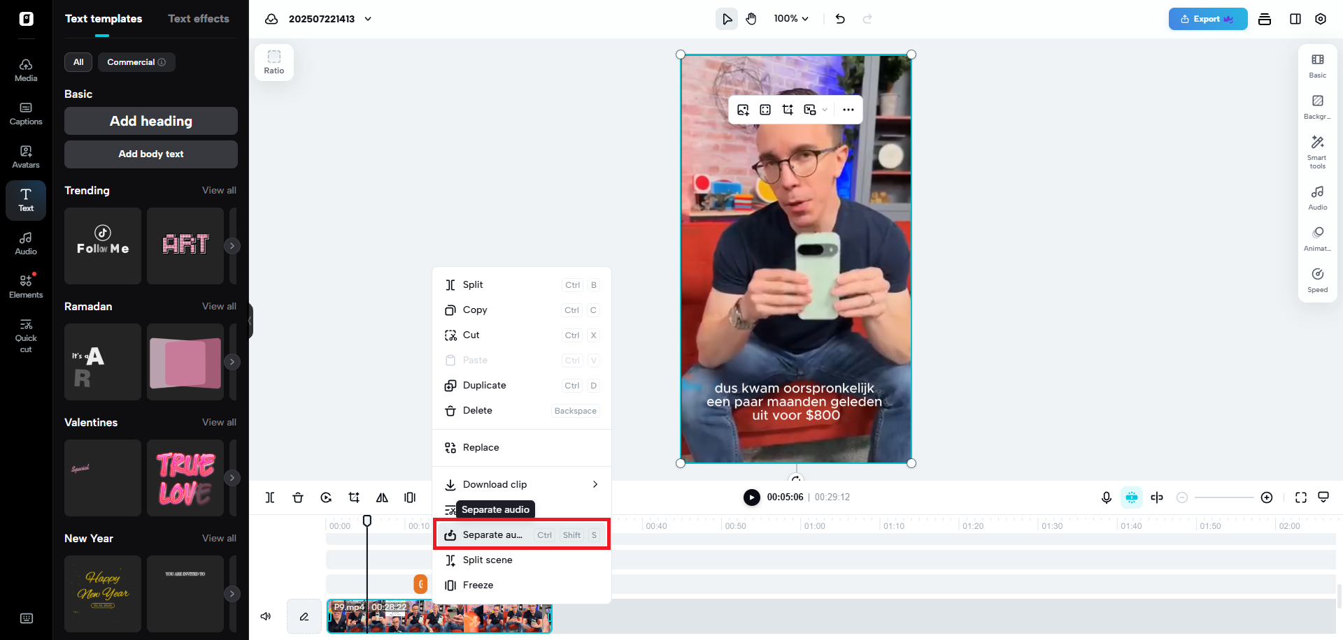 Separate the previous audio clip and delete the original one