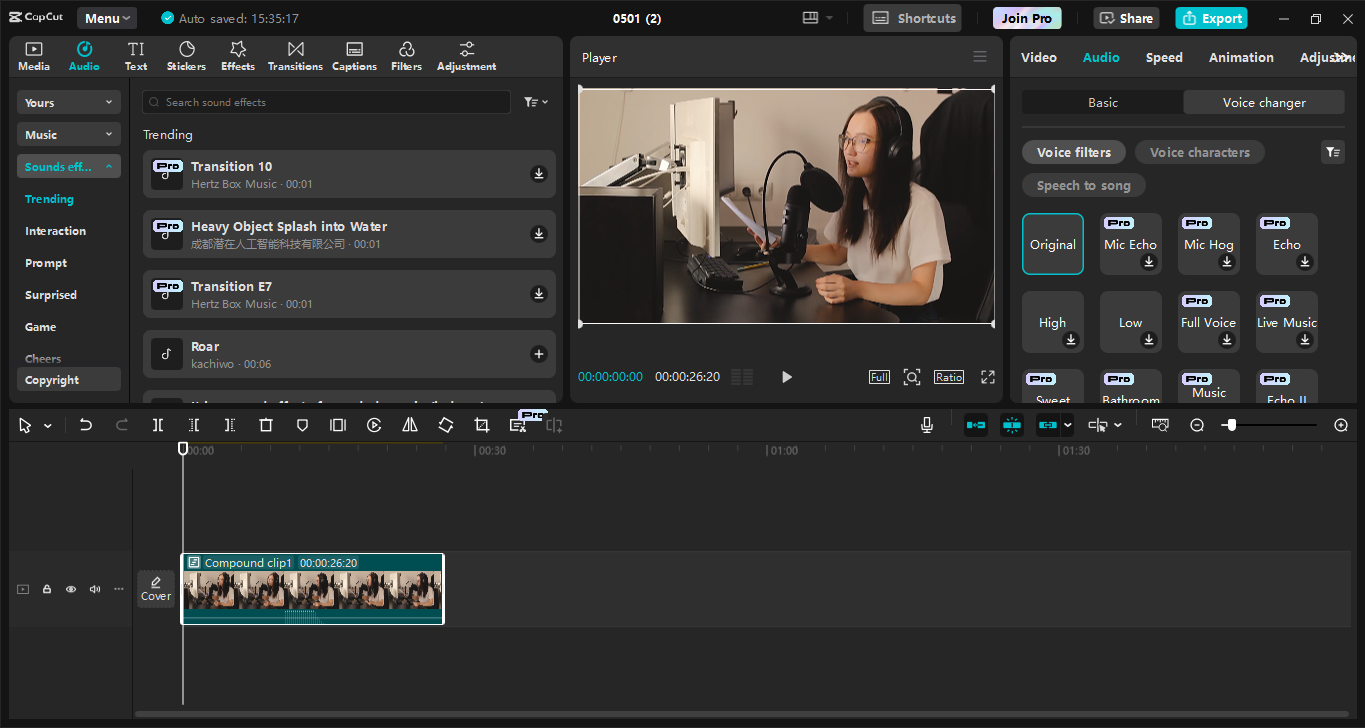 Interface do editor de vídeo para desktop CapCut - Melhor IA ferramenta de edição de podcast