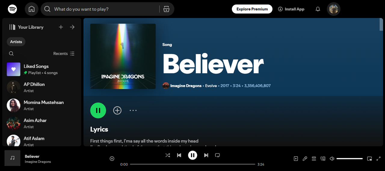 Believer by Imagine Dragons - the most songs played on Spotify 