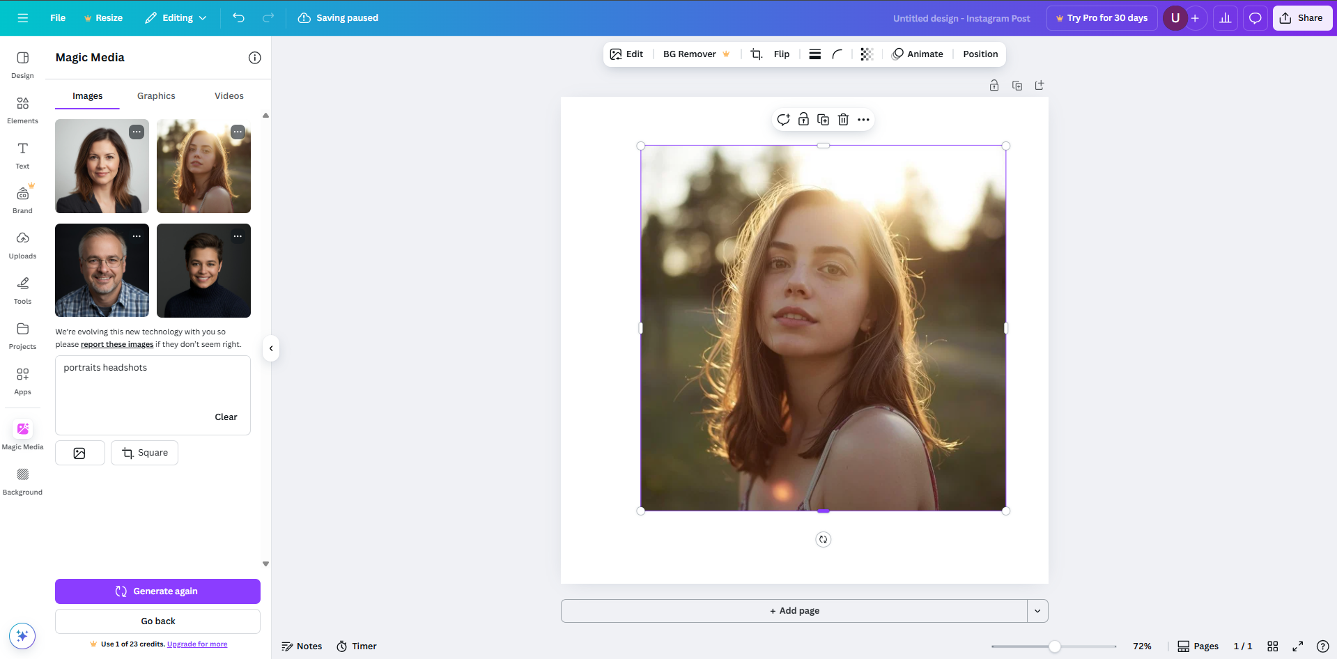 AI photo editor portraits headshots in Canva