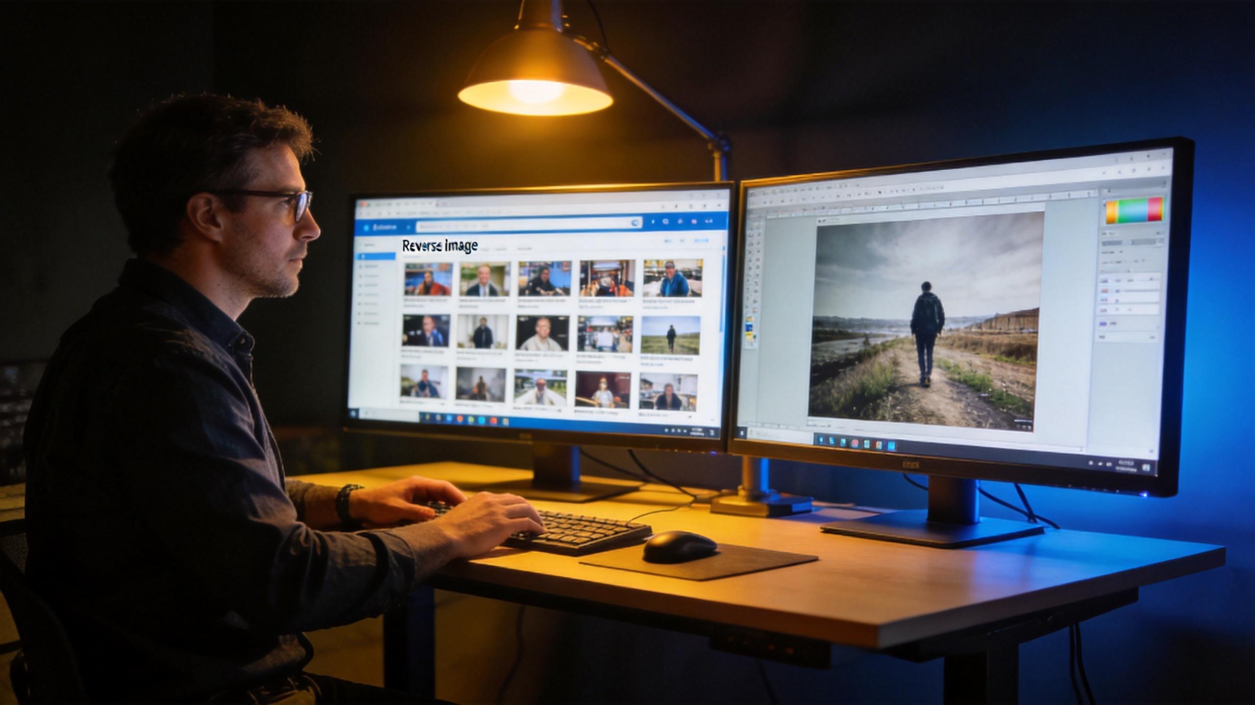 Man at dual monitors using reverse image search and editing a photo