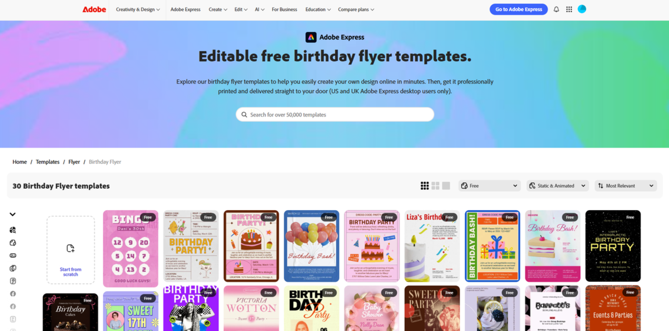 Interface of Adobe Express - another resource for birthday flyer templates