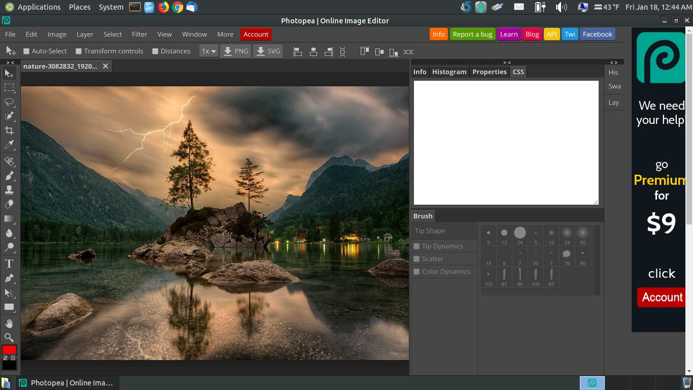 Interface ng Photopea - isang madaling gamitin na libreng online AI photo editor