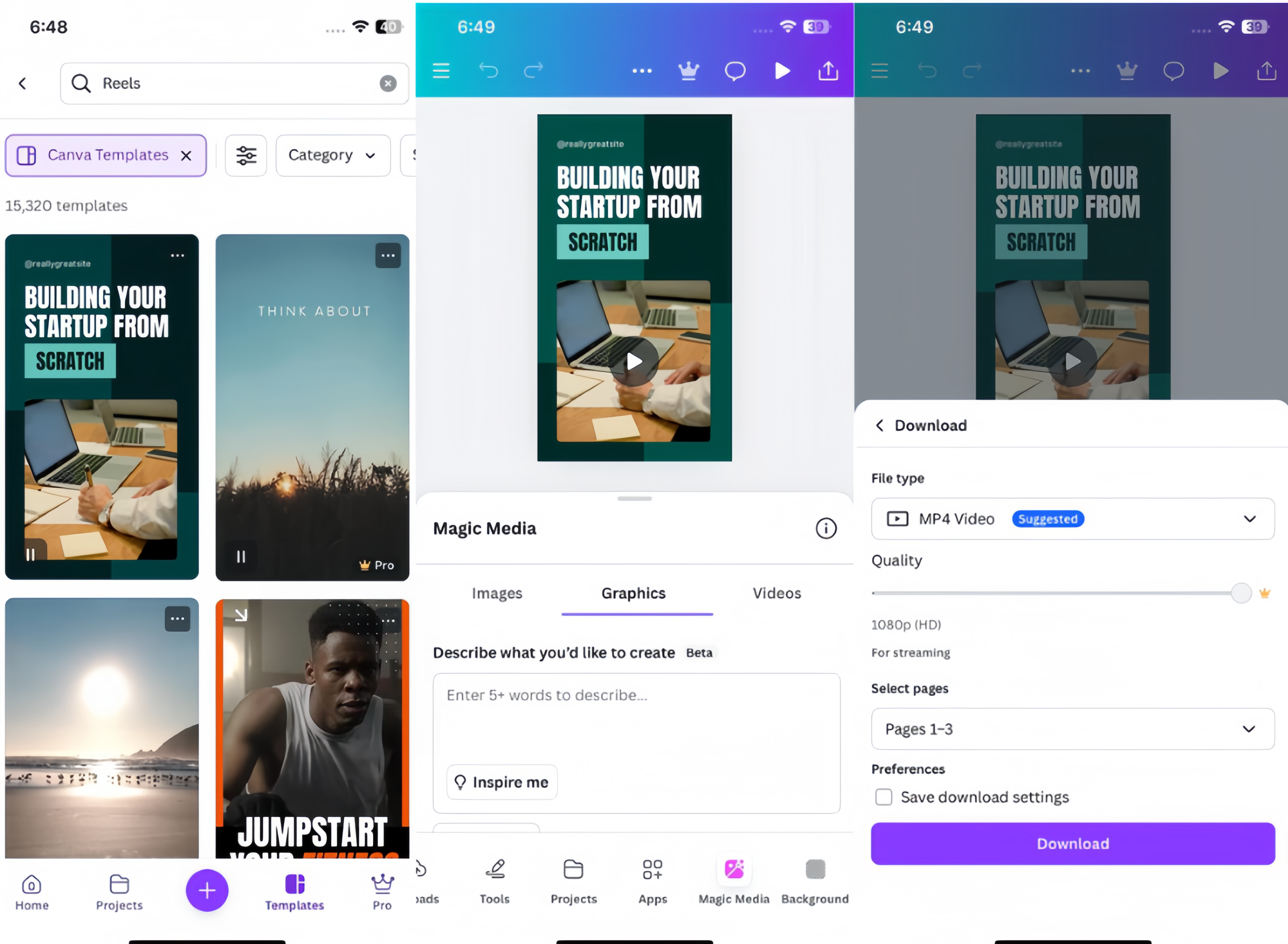 Interface of Canva - a versatile reel template app