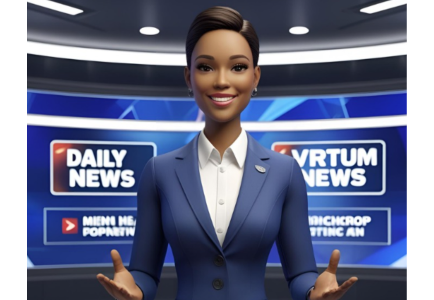 Presentador de noticias de IA que muestra los titulares diarios en una pantalla virtual