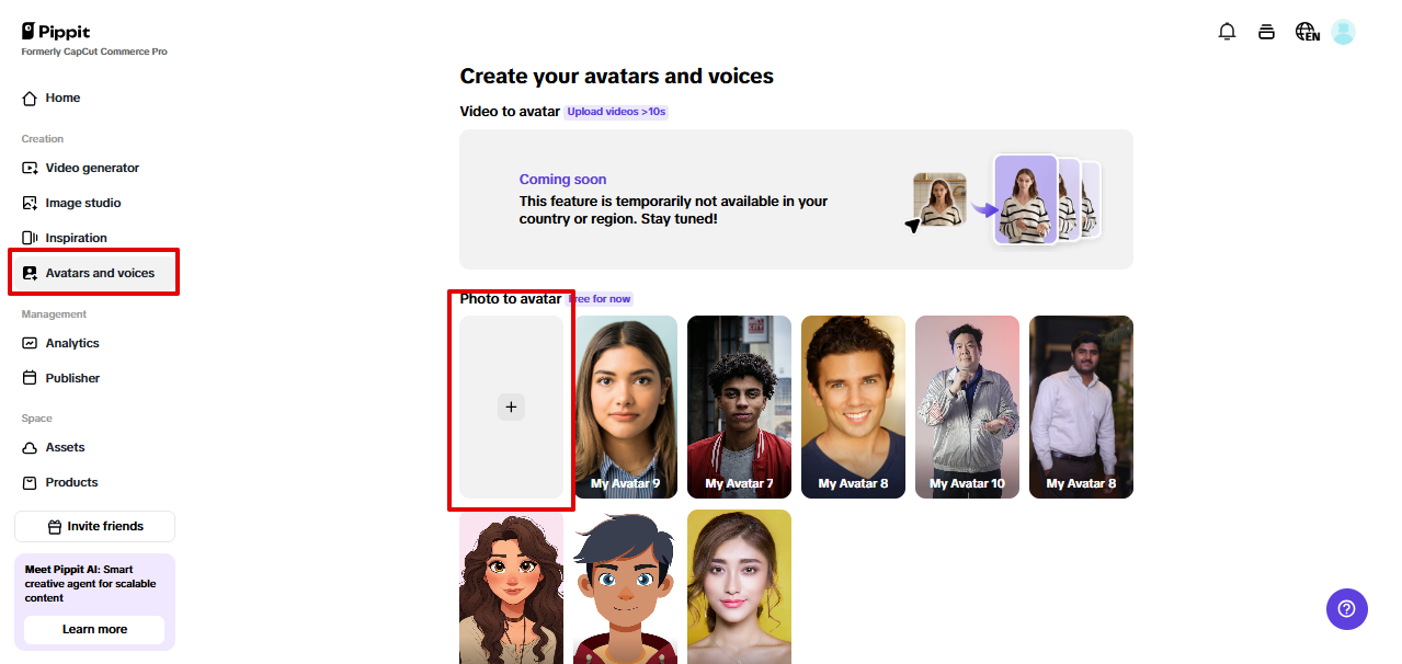 Avatars and voices tool in Pippit