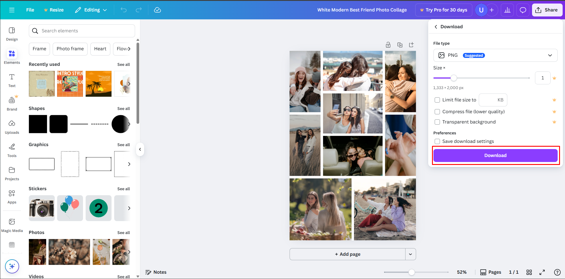 Salvare il collage fotografico da Canva