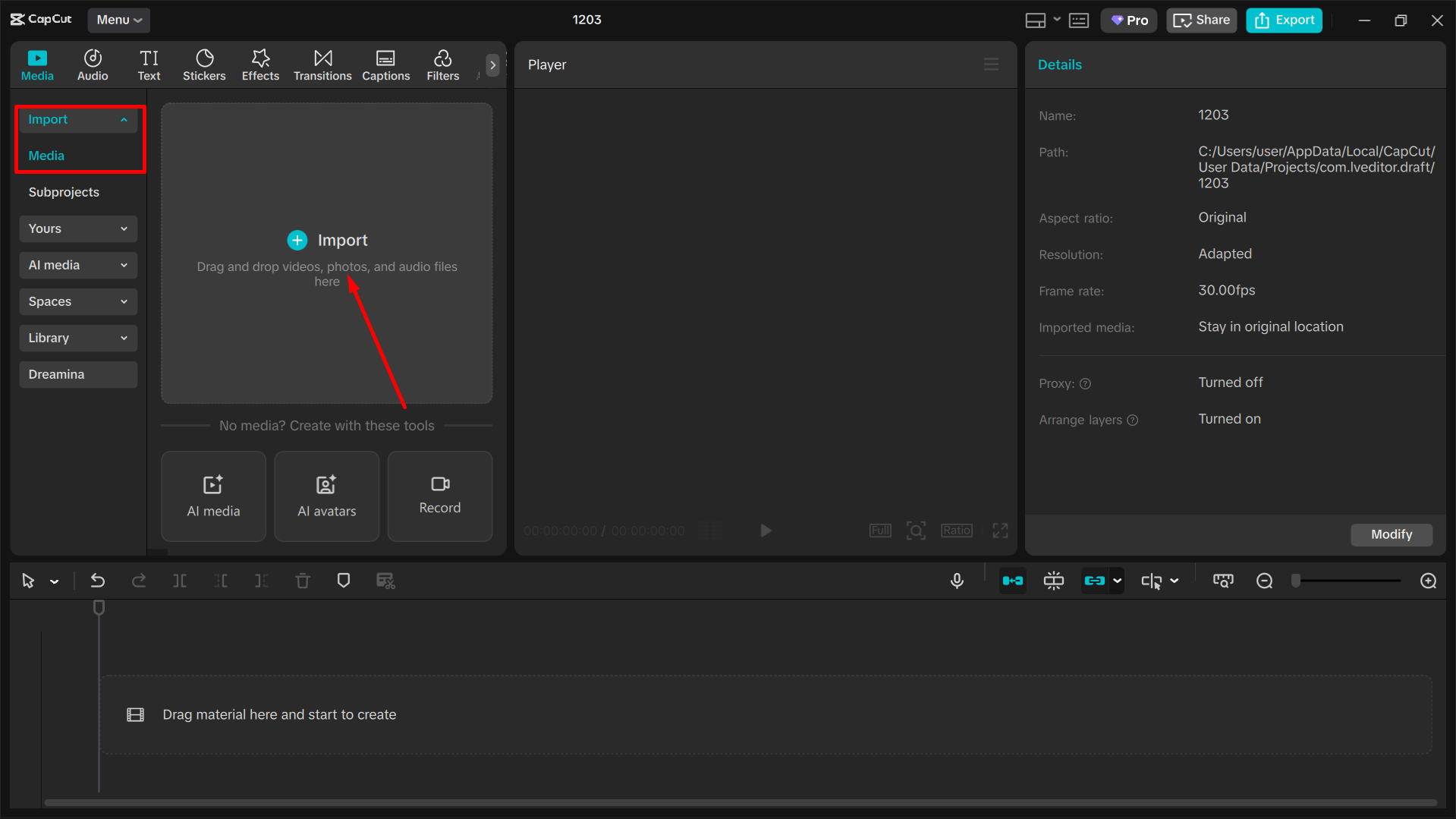 Uploading the video to the Capcut desktop video editor
