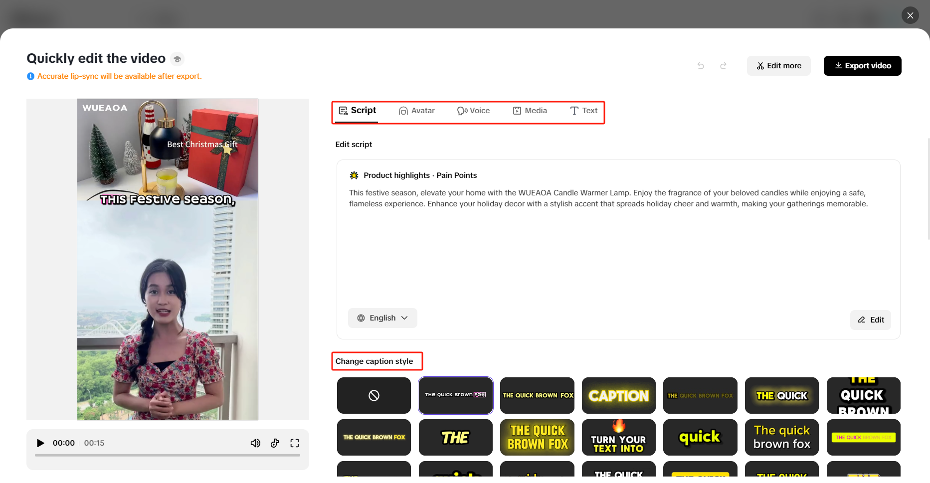 Modifique script, avatar, voz, mídia e texto e Edite mais